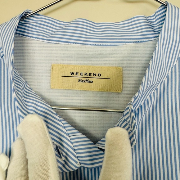 Weeknd Max Mara blue and white striped button down long sleeve blouse sz 14 - Picture 3 of 7
